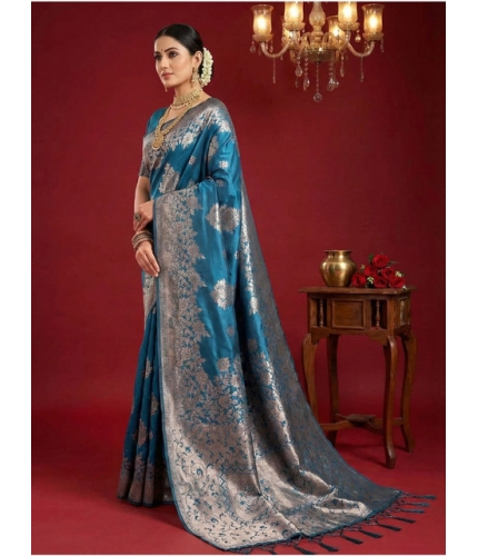 Generic Women's Silk Blend Printed Saree With Unstitched Blouse 5.5Mtr (Teal Blue)