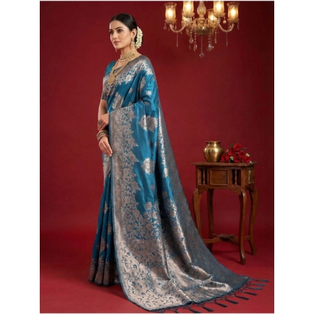Generic Women's Silk Blend Printed Saree With Unstitched Blouse 5.5Mtr (Teal Blue)