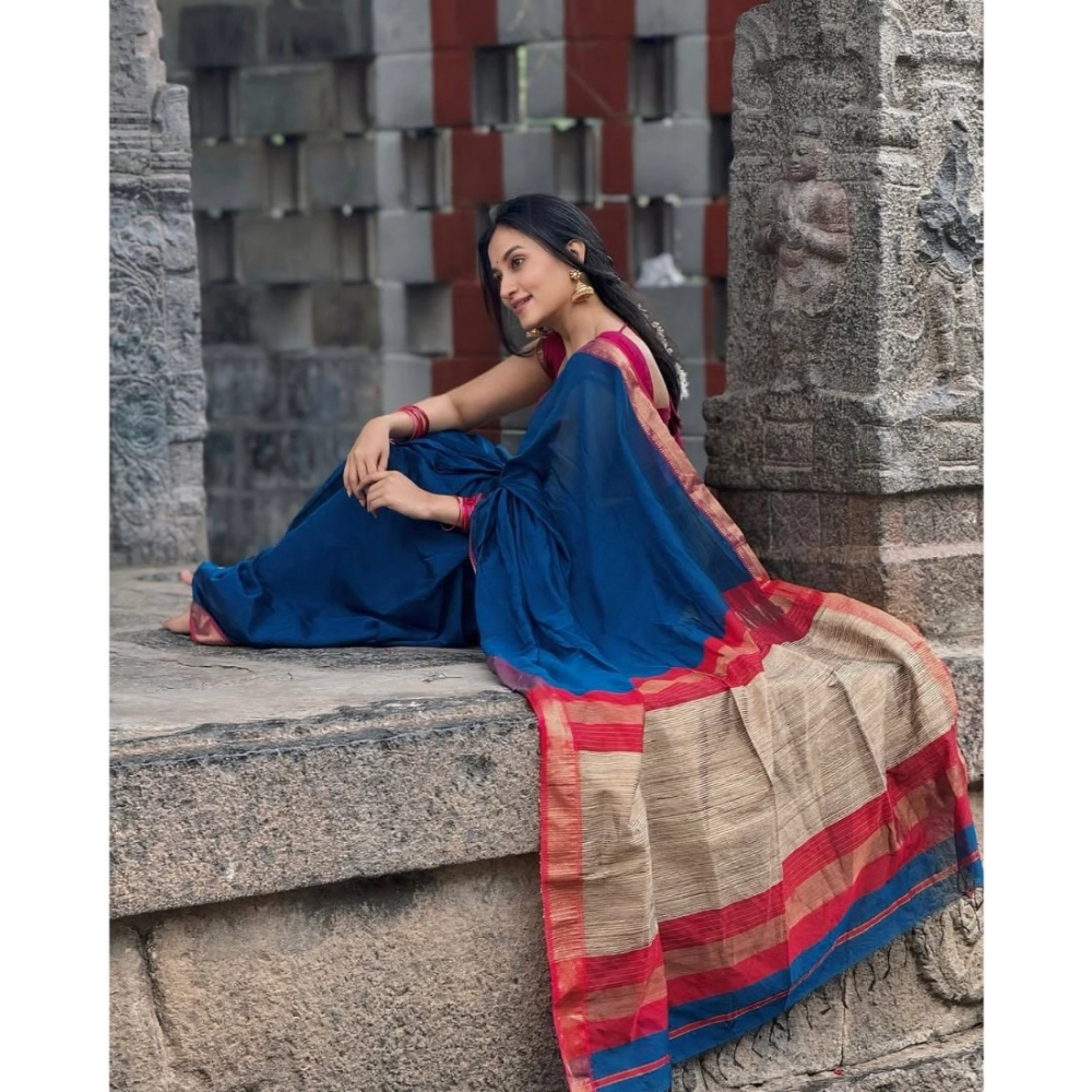 Generic Women's Soft Litchi Silk Jacquard Work Saree With Unstitched Blouse 5.5Mtr (Blue)