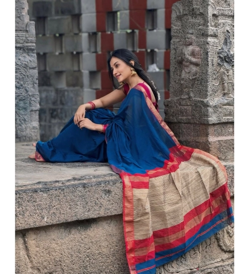 Generic Women's Soft Litchi Silk Jacquard Work Saree With Unstitched Blouse 5.5Mtr (Blue)