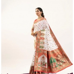 Generic Women's Faux_Banarasi Woven Motifs Saree With Unstitched Blouse 5.5Mtr (White)
