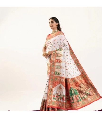 Generic Women's Faux_Banarasi Woven Motifs Saree With Unstitched Blouse 5.5Mtr (White)