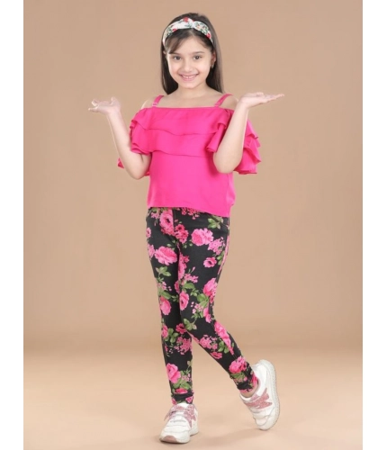 Generic Girl's Cotton Floral Elasticated Jegging and Top Set (Black-Pink)
