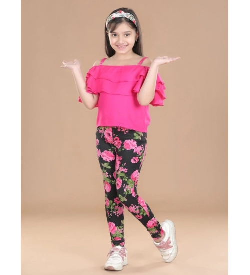 Generic Girl's Cotton Floral Elasticated Jegging and Top Set (Black-Pink)