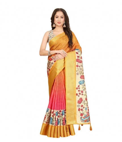 Generic Women's Cotton Blend Floral Printed Saree With Unstitched Blouse 5.5Mtr (Yellow)