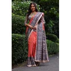 Generic Women's Faux_Tussar Ethnic_Print Saree With Unstitched Blouse 5.5Mtr (Rust)