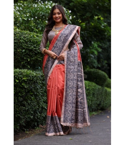 Generic Women's Faux_Tussar Ethnic_Print Saree With Unstitched Blouse 5.5Mtr (Rust)