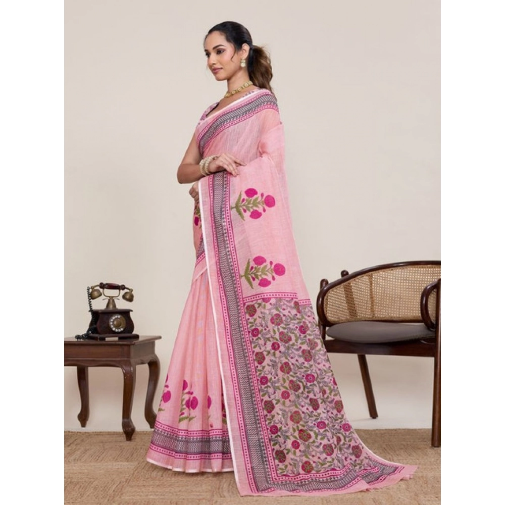 Women's Linen Floral Printed Saree With Unstitched Blouse 5.5Mtr (Pink)