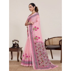 Generic Women's Linen Floral Printed Saree With Unstitched Blouse 5.5Mtr (Pink)