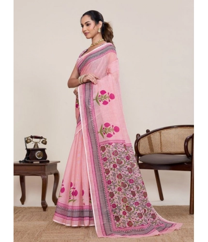 Generic Women's Linen Floral Printed Saree With Unstitched Blouse 5.5Mtr (Pink)