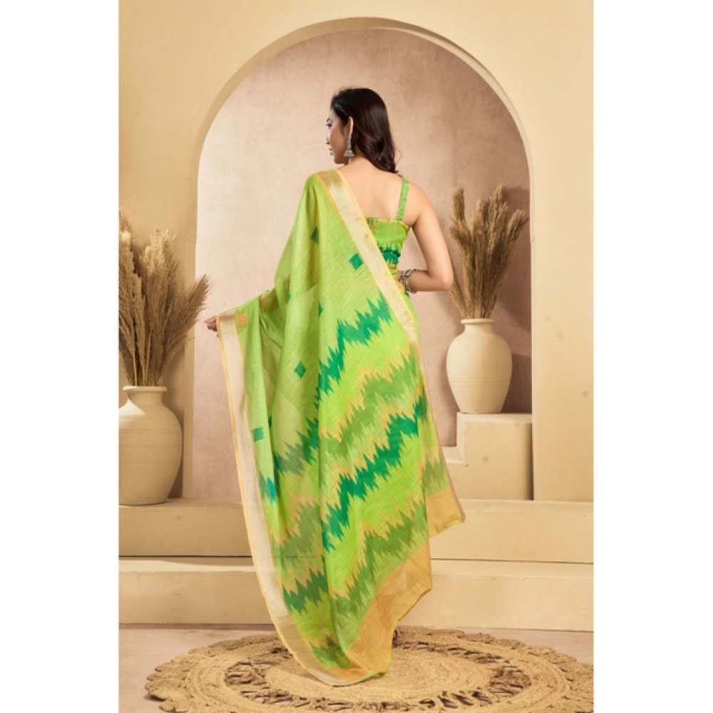 Generic Women's Linen Cotton Printed Ready To Wear Saree With Unstitched Blouse 5.5 Mtr (Lime)