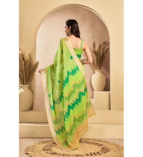 Generic Women's Linen Cotton Printed Ready To Wear Saree With Unstitched Blouse 5.5 Mtr (Lime)