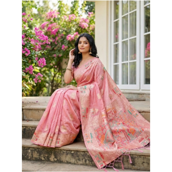 Generic Women's Linen Cotton Printed Saree With Unstitched Blouse 5.5Mtr (Pink)