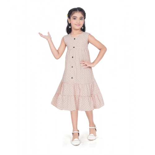 Generic Girl's Slub Printed Sleeve Less Round Neck Dress (Brown)
