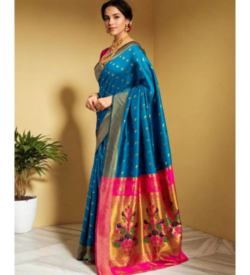 Generic Women's Silk Blend Zari Woven Saree With Unstitched Blouse 5.5Mtr (Aqua)
