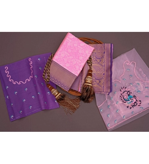 Generic Women's Soft Litchi Silk Jacquard Work Saree With Unstitched Blouse 5.5Mtr (Pink)