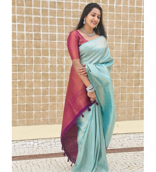 Generic Women's Litchi silk Printed Saree With Unstitched Blouse (Blue)