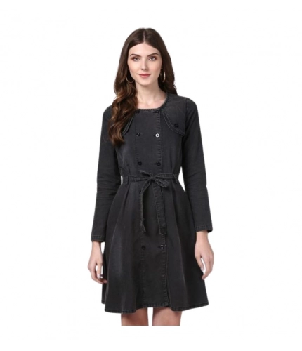 Generic Women's Denim Washed Long Sleeves Dress (Black)
