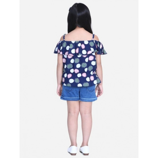 Generic Girl's Rayon Solid Cold Shoulder Top with Shorts (Navy Blue)