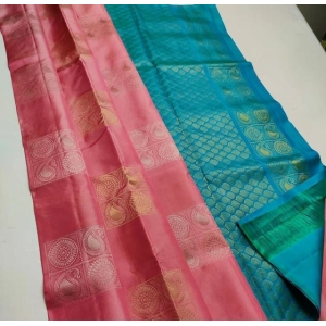 Generic Women's Litchi silk Printed Saree With Unstitched Blouse (Peach With Turquise Green)