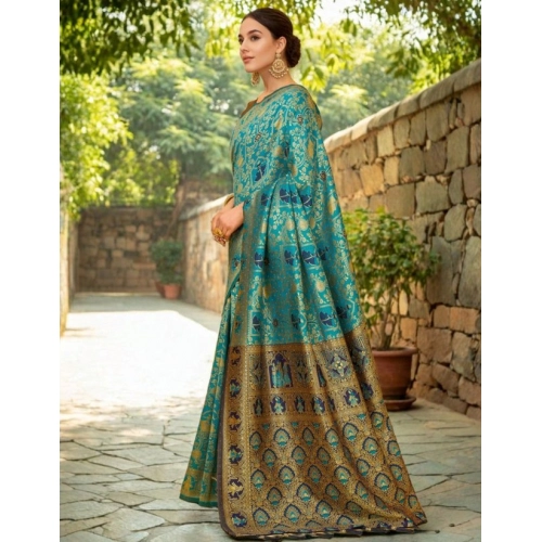 Women's Silk Blend Woven Paithani Saree With Unstitched Blouse 5.5Mtr (Rama) Women's Silk Blend Woven Paithani Saree With Unstitched Blouse 5.5Mtr (Rama)