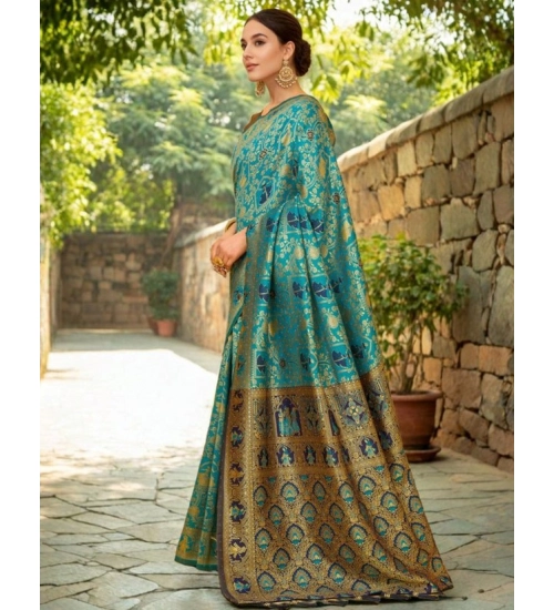 Generic Women's Silk Blend Woven Paithani Saree With Unstitched Blouse 5.5Mtr (Rama)