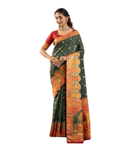 Generic Women's Faux_Banarasi Woven Motifs Saree With Unstitched Blouse 5.5Mtr (Dark_Green)