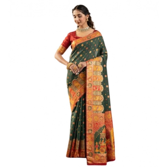 Generic Women's Faux_Banarasi Woven Motifs Saree With Unstitched Blouse 5.5Mtr (Dark_Green) Generic Women's Faux_Banarasi Woven Motifs Saree With Unstitched Blouse 5.5Mtr (Dark_Green)