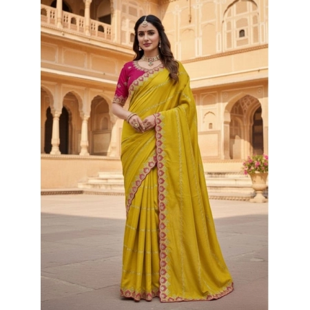 Generic Women's Georgette Embroidered Saree With Unstitched Blouse 5.5Mtr (Yellow)