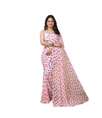 Generic Women's Georgette Printed Saree With Unstitched Blouse 5.5Mtr (White-Red)