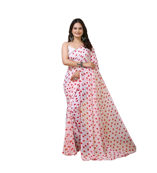 Generic Women's Georgette Printed Saree With Unstitched Blouse 5.5Mtr (White-Red)