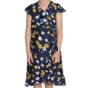Generic Girl's Polyester Crepe Polka Cold Shoulder Dress (Navy Blue)
