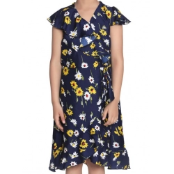 Generic Girl's Polyester Crepe Polka Cold Shoulder Dress (Navy Blue)