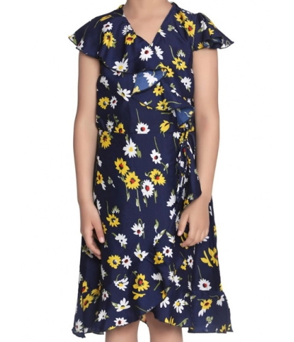 Generic Girl's Polyester Crepe Polka Cold Shoulder Dress (Navy Blue)