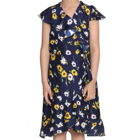 Generic Girl's Polyester Crepe Polka Cold Shoulder Dress (Navy Blue)