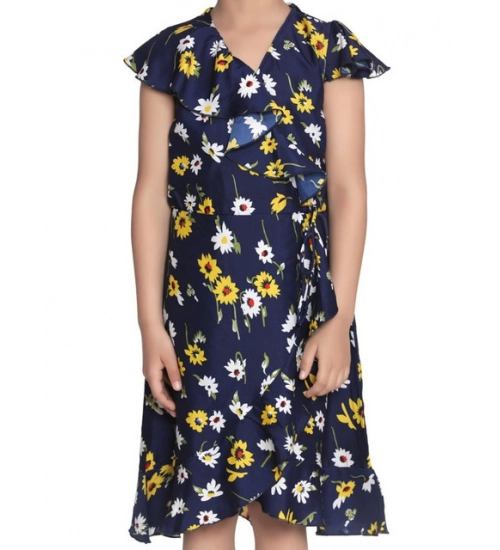 Generic Girl's Polyester Crepe Polka Cold Shoulder Dress (Navy Blue)