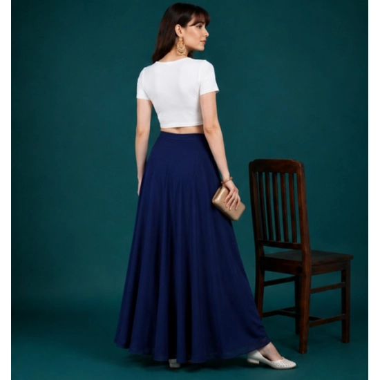 Generic Women's Georgette Solid Mid-Rise Wide Leg Flared Palazzo Pants with Elastic Waist (Navy Blue)