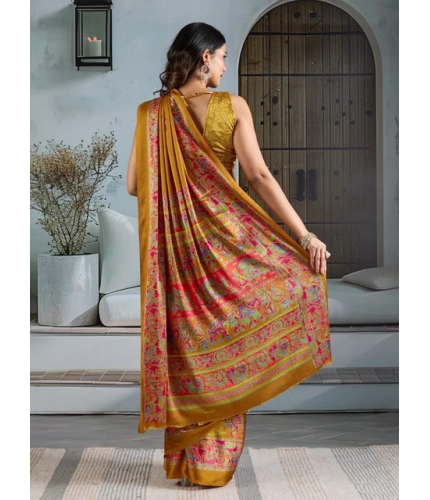Generic Women's Satin Crepe Printed Saree With Unstitched Blouse 5.5Mtr (Mustard)