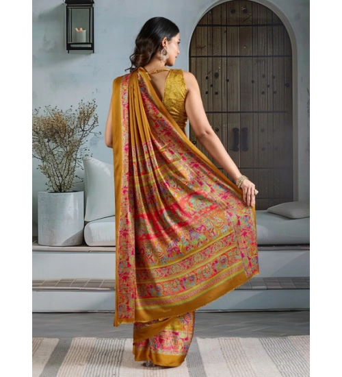 Generic Women's Satin Crepe Printed Saree With Unstitched Blouse 5.5Mtr (Mustard)