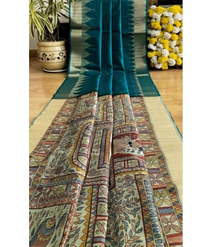 Generic Women's Tussar Silk Madhubani Saree With Unstitched Blouse 5.5Mtr (Rama)