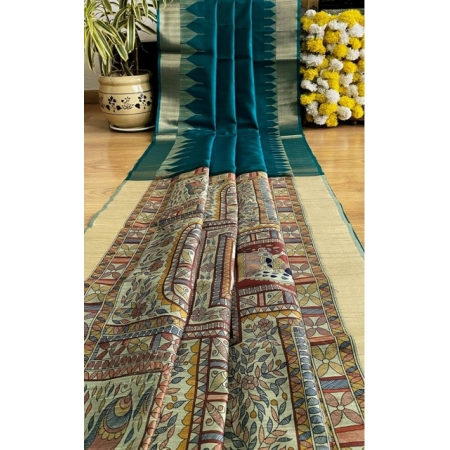 Generic Women's Tussar Silk Madhubani Saree With Unstitched Blouse 5.5Mtr (Rama)