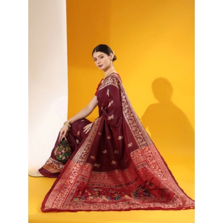 Generic Women's Raw_Silk Woven_Motif Saree With Unstitched Blouse 5.5Mtr (Maroon)