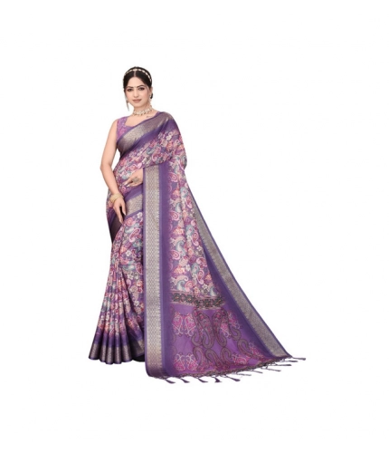 Generic Women's Cotton Silk  Printed Saree With Unstitched Blouse 5.5Mtr (Purple)