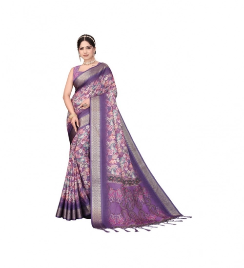 Generic Women's Cotton Silk  Printed Saree With Unstitched Blouse 5.5Mtr (Purple)