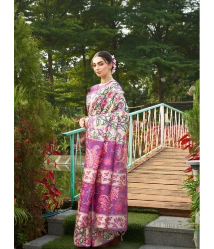 Generic Women's Faux_Tussar Kalamkari_Print Saree With Unstitched Blouse 5.5Mtr (Purple)