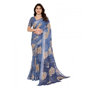 Generic Women's Georgette Printed Saree With Unstitched Blouse 5.5Mtr (Blue)