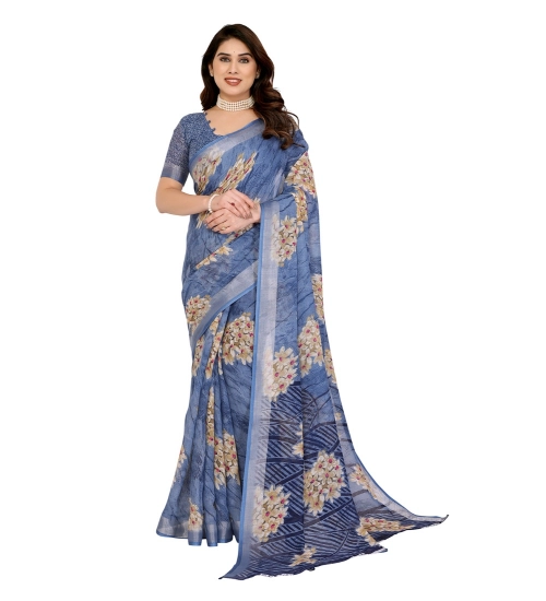 Generic Women's Georgette Printed Saree With Unstitched Blouse 5.5Mtr (Blue)