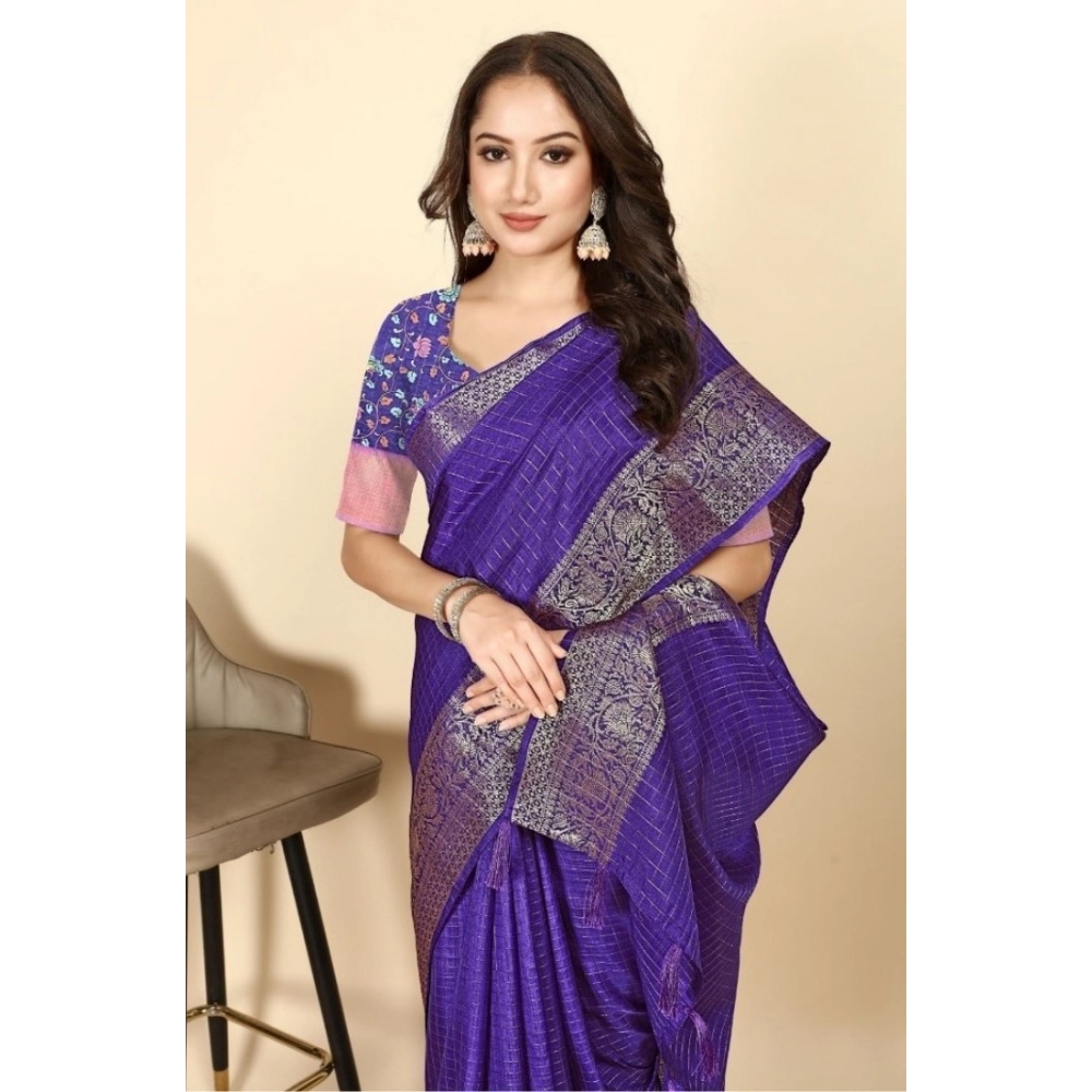 Generic Women's Cotton Blend Checkered Saree With Unstitched Blouse 5.5Mtr (Royal Blue)