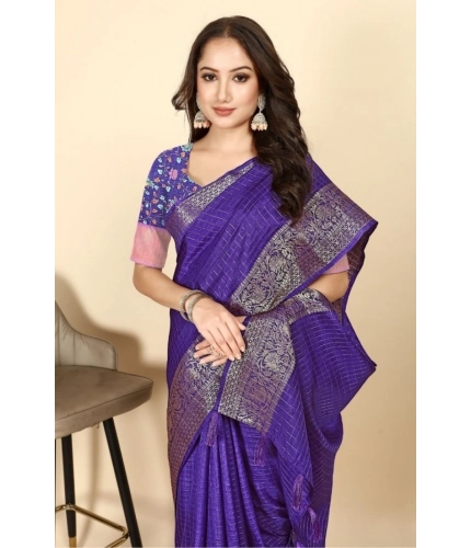 Generic Women's Cotton Blend Checkered Saree With Unstitched Blouse 5.5Mtr (Royal Blue)