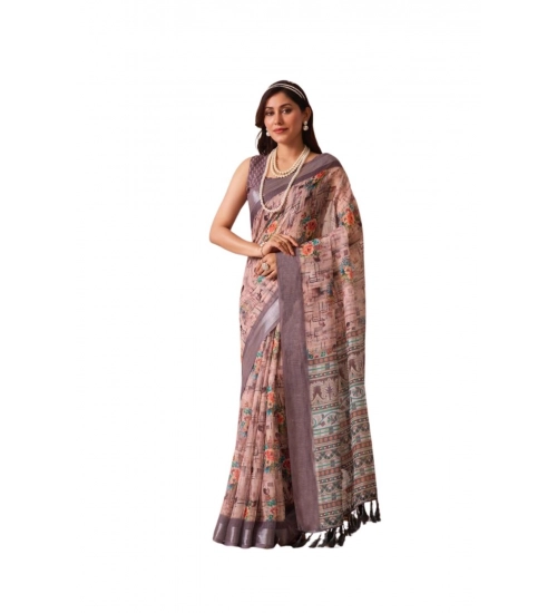 Generic Women's Faux_Linen Printed Saree With Unstitched Blouse 5.5Mtr (Mauve)